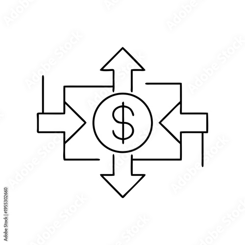 A minimalist vector graphic of a dollar sign surrounded by arrows on transparent background