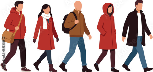 Vector illustration of diverse people walking in winter outfits, including coats, jackets, and scarves, isolated on white background