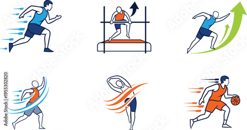 Sports activity icons set featuring running jumping basketball and athletic motion silhouettes in dynamic flat vector illustration for fitness and training design