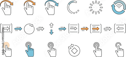 Touch gesture icons with swipe tap refresh loading rotate and user interface interaction symbols for mobile app UI UX vector set