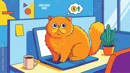 Vibrant illustration of a fluffy orange cat contemplating financial success while working diligently on a laptop in a modern, colorful office cubicle