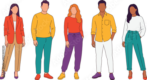 Flat vector illustration of diverse young men and women wearing colorful stylish casual clothing and fashionable modern outfits, standing together