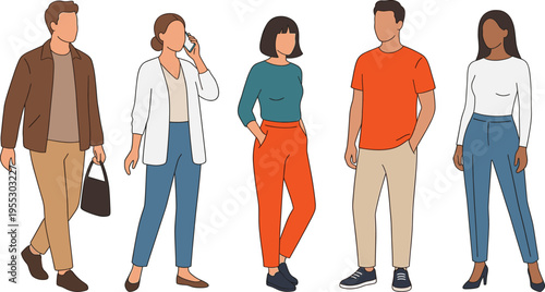 Diverse group of professional men and women in stylish casual outfits, flat vector illustration isolated on white background