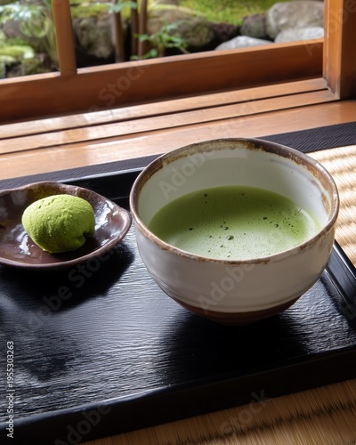 Japanese matcha tea and wagashi on table in cafe