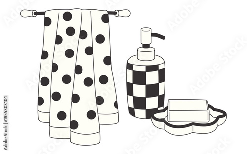 Hand‑drawn polka‑dot towel, checkered dispenser, and soap dish in retro black and white style. Groovy doodle bathroom items isolated on white