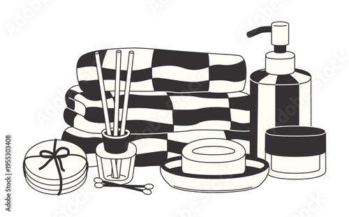 Hand drawn towels, dispenser, cream jar, soap dish, cotton pads, diffuser, and swabs in retro black and white style. Groovy doodle bathroom items isolated on white