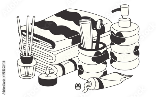 Hand drawn towels, dispenser, toothbrush holder, candle, diffuser, and cream tube in retro black and white style. Groovy doodle bathroom items isolated on white. 