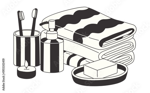 Hand drawn striped toothbrush holder, dispenser, soap dish, candle, and folded towels in retro black and white style. Groovy doodle bathroom items isolated on white.