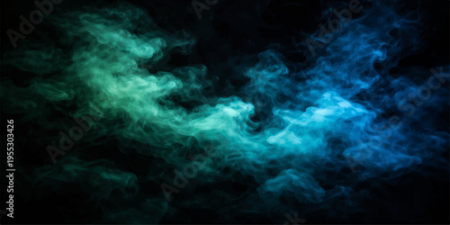 A captivating display of swirling, vibrant smoke, painted with hues of emerald green and sapphire blue, creating an ethereal and mesmerizing abstract scene. 
