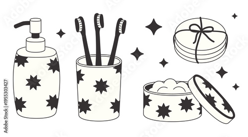 Hand‑drawn dispenser, toothbrush holder, cotton pads, and cream jar in retro black and white style. Groovy doodle bathroom items isolated on white