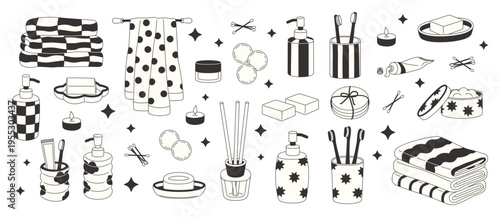 Hand‑drawn towels, dispensers, brushes, soap, and wellness items in retro black and white style. Groovy doodle bathroom items isolated on white