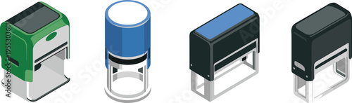 Office stamp devices illustration set, automatic rubber stampers, stationery tools collection, business documentation equipment, vector office supply icons
