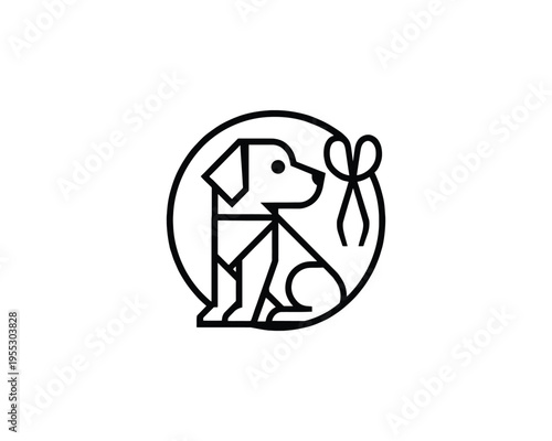 Geometric Dog Sitting Logo with Scissors Symbol Minimalist Line Art