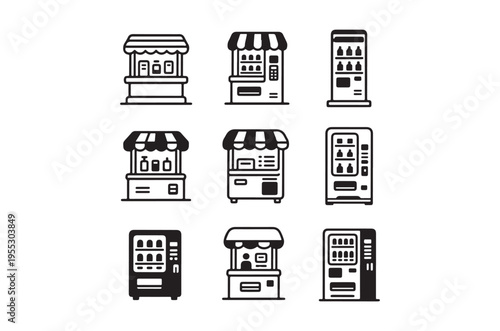 Collection of minimalist black and white vending machine and shop icons