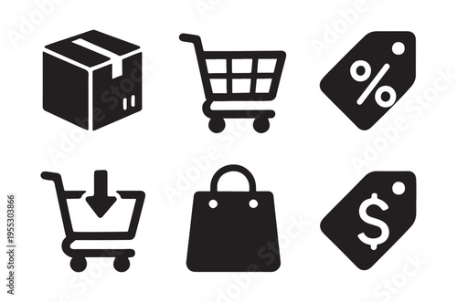 Shopping icons depicting boxes carts tags and bags in black