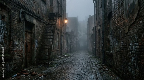 Foggy urban alleyway with brick buildings and cobblestone road