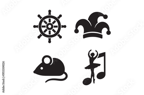 A collection of black silhouette icons ship wheel jester mouse and ballerina