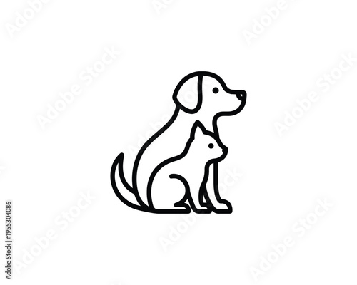 Dog and Cat Sitting Together Simple Line Art Logo Friendship Symbol