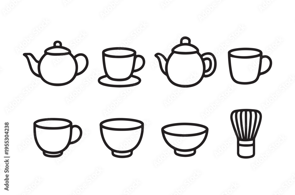 Obraz premium Line drawing of teapots cups bowls and a tea whisk
