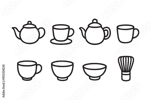 Line drawing of teapots cups bowls and a tea whisk