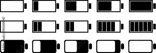 Black battery life and power level icons, charging status symbols