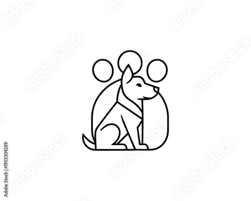 Dog Silhouette Logo with Paw Print and Circles Minimalist Line Art Vector