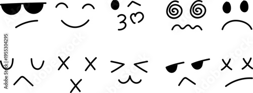 Black doodle emoticons collection, hand drawn facial expressions and simple icons