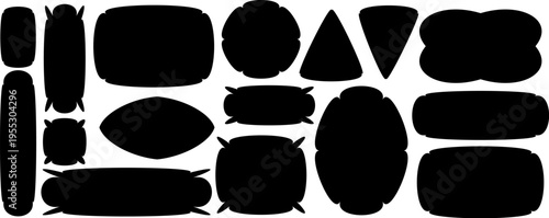 Black geometric shape speech bubbles with smooth curves, simple talk bubble silhouette collection