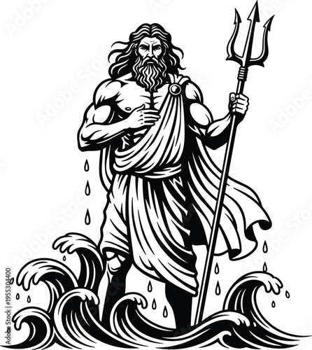 Black and white vector illustration of the Greek god Poseidon holding a trident and standing amidst ocean waves in a powerful mythological engraving style.