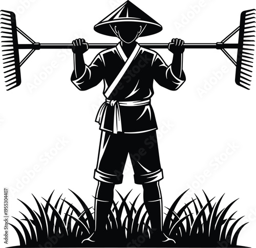 Black and white vector illustration of an Asian farmer wearing a conical hat, holding a rake over his shoulders while standing in a field.