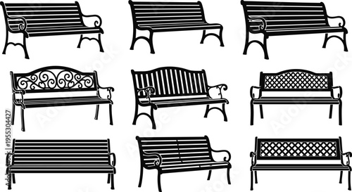 Black and white vector silhouette set featuring various park bench designs, including classic wooden slats, ornate wrought iron patterns, and traditional outdoor garden seating.
