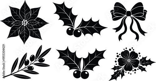 Black and white vector silhouette set for Christmas and holiday decoration featuring poinsettia flowers, holly leaves with berries, ribbons, and olive branches for festive design.