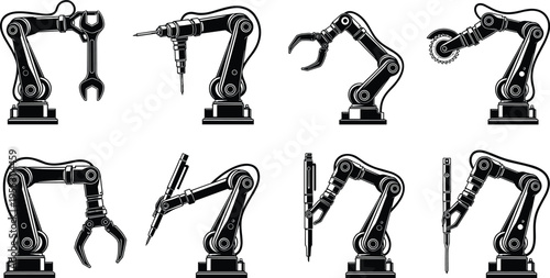 Black and white vector silhouette set of industrial robotic arms featuring various tools like wrenches, drills, saws, and grippers for automated manufacturing and technology.