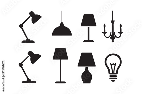 Collection of black silhouette lamp and lighting fixture icons