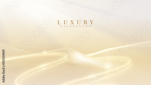 Abstract luxury cream background showing glowing particle wave. Elegant golden light line flow space for premium beauty presentation banner. Vector illustration.