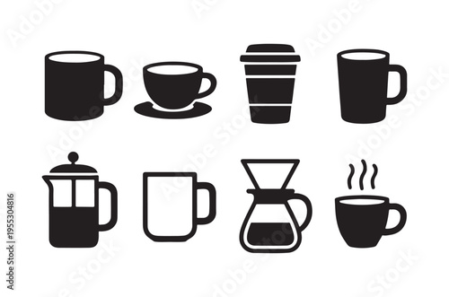 Collection of black silhouette icons depicting various coffee and tea vessels