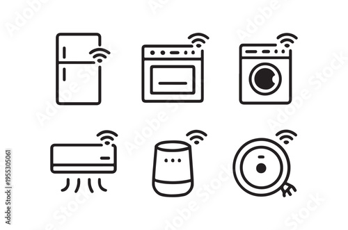 Black and white line art of smart home appliances with wifi signals