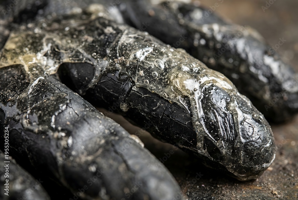 Fototapeta premium Macro close-up of a degraded rubber industrial glove coated in hardened chemical epoxy