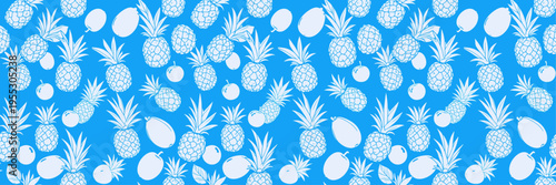 blue tropical pineapple mango seamless pattern with light gray fruit illustration bold summer textile surface design exotic repeating motif