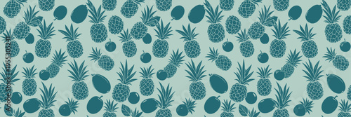 teal blue tropical pineapple mango seamless pattern with muted tones minimal fruit illustration summer textile surface design exotic repeating motif