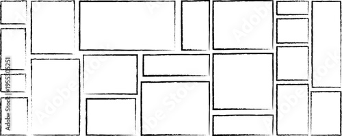 White rectangular frames with rough black borders, blank comic book panels and storyboard layout