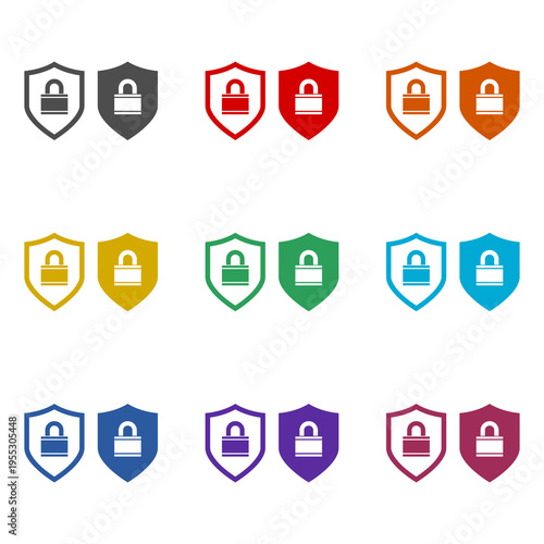 Security shields, lock icon isolated on white background. Set icons colorful