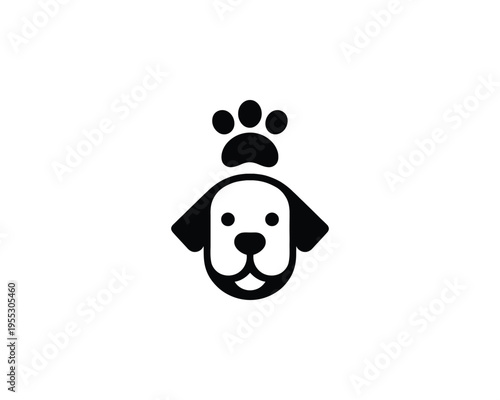 Dog Head Logo with Paw Print Symbol on Top Simple Vector Illustration