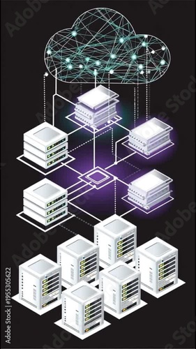 Cloud backbone architecture. Network performance. Infrastructure framework. Data center  orchestration. Digital cloud network connected to multiple server and storage units