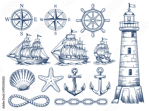 Nautical menu design decorative elements set with old ship, lighthouse, helm wheel, compass meter, and vintage frames for inscriptions, marine style vector illustration