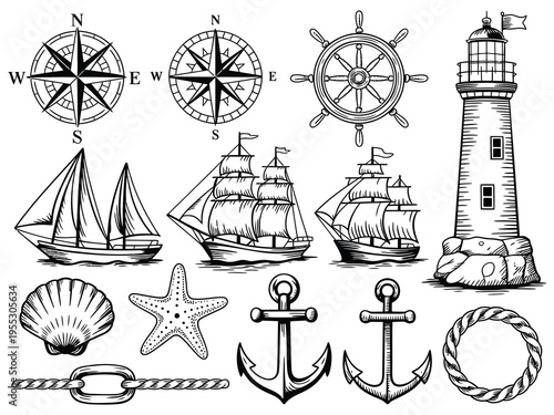 Decorative elements for menu design in marine style, including old ship, lighthouse, wheel, compass meter, and frames for inscriptions, vintage nautical vector illustration