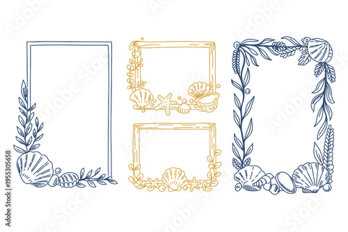 Nautical frames and borders set with seashells, coastal foliage, marine elements, and elegant ocean-inspired decorative ornaments, vector illustration for seaside and maritime design projects