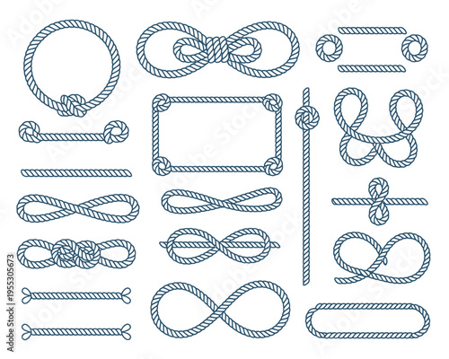 Various decorative rope elements, including frames, laces, knots, nautical rope, shoe lacing, and paper or fabric bindings, isolated black outline vector illustration for design projects
