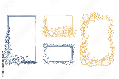 Decorative nautical frames and borders featuring seashells, coastal foliage, marine elements, and elegant ocean-inspired ornaments, vector illustration for maritime, beach, and ocean-themed designs