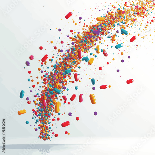 Scattered pills and colored granules on a reflective white surface, representing health and medicine , vector style simple color